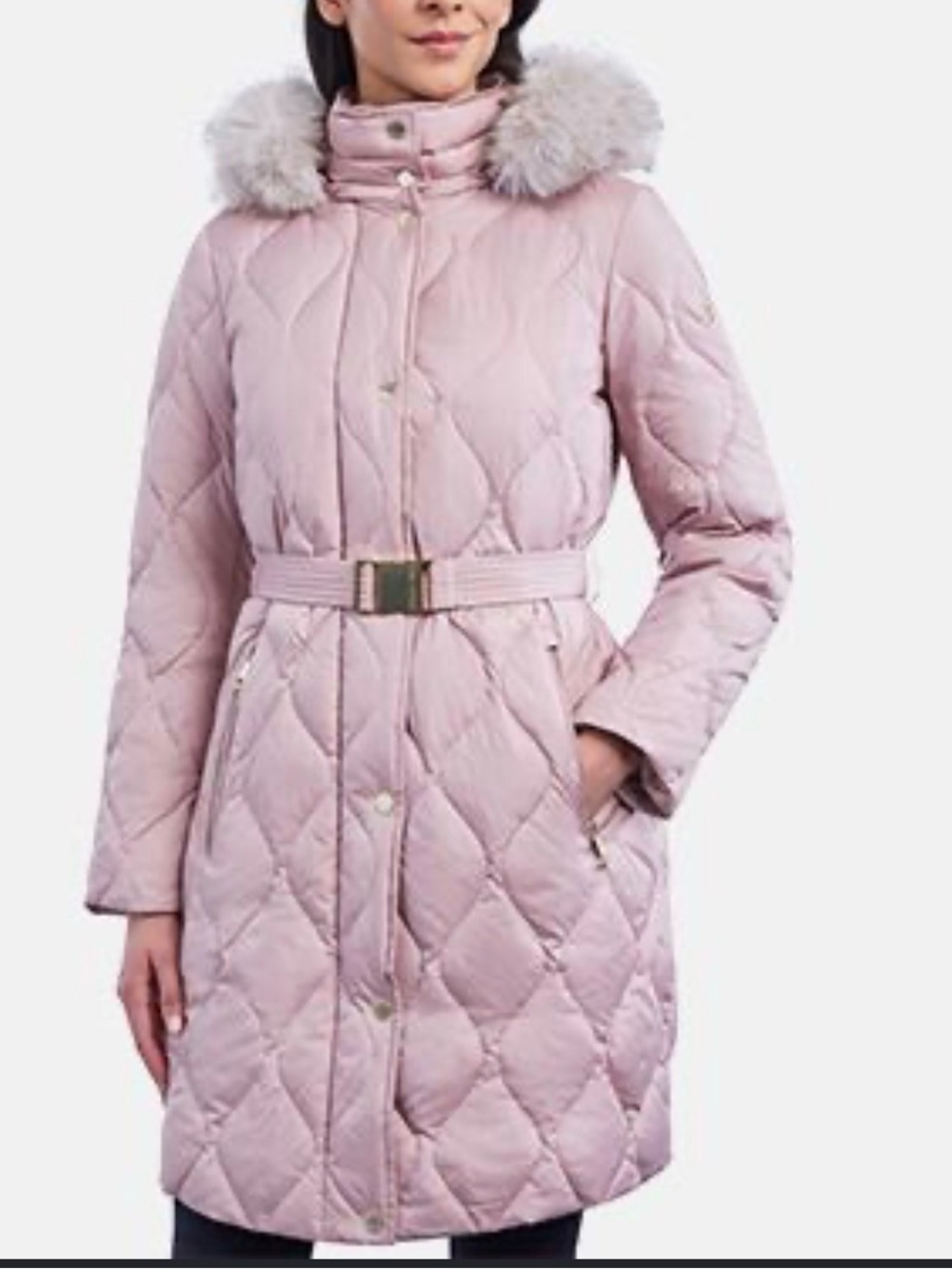 MICHAEL Michael Kors Blush Quilted Belted Puffer Coat with Faux Fur Hood